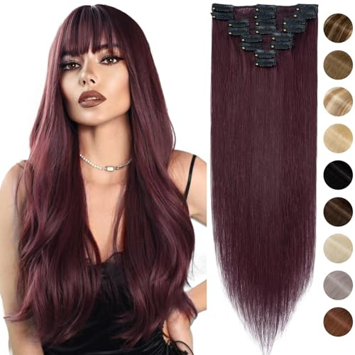 Silk-co Echthaar Clip In Extensions 8 Tressen 18 Clips 70g, Burgund Hair Extensions, Remy Echthaar Clip In Extensions Haarverlängerung 99J# Weinrot 45cm