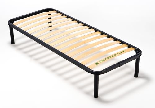 Evergreenweb Single Bed with Slatted Bottom 90 x 190 cm with Orthotic Wood Slats, Reinforced Iron Frame with 4 Feet, Folding Base for All Beds and Mattresses