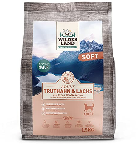 WILDES LAND – Truthahn & Lachs | Halbfeuchtes Hundefutter mit 70% frischem Fleisch für ausgewachsene Hunde. Alleinfutter ohne Zusatzstoffe im Beutel | 1,5kg Truthahn & Lachs