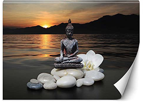Feeby Papel Pintado Estatua De Buda Zen Orquídea 150x105 cm Naranja Decoración De Pared Fotomural Decorativo Murales Comedores Salones Habitaciones Puesta De Sol Ribera