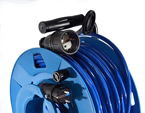 Hilark Carrete de cable eléctrico de jardín H07BQ-F 3g2,5 mm2, rebobinado, enrollador, clavija y enchufe Schuko, toma de corriente con válvula (25 metros, Azul)