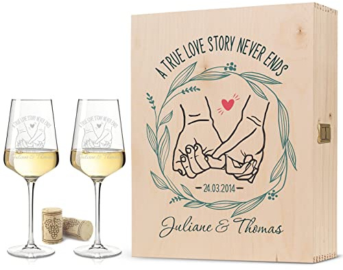 GRAVURZEILE Leonardo Puccini - Juego de copas de vino, incluye caja de madera, personalizable con nombre y fecha, regalo para él y ella para el día de San Valentín