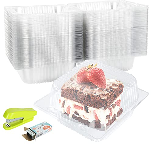 AKOLAFE 200PCS Cake Boxes for Cake Portions, 5.3inch Individual Cake Slice Boxes Clear Cupcake Boxes Single Square Plastic Cake Box with Lid for Sandwiches, Cheese, Salad(Stapler, Staples Included)