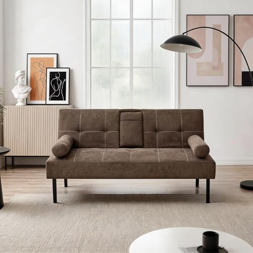 Panana 3 Seater Sofa Bed Linen Fabric Upholstered Modern Convertible Folding Futon Sofa Bed Daybed Guest Bed, 5 Angles Adjustable, 2 Cup-Holders (Brown)