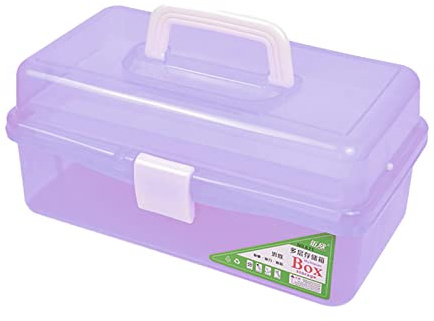 Zhousensen 13in Three-Layer Clear Art Storage Box Craft Organizer, Folding Tool Box with Handle, Art & Crafts Case/Sewing Supplies Organizer for Home School Office Travel (Purple)