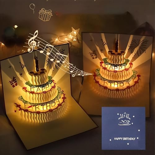 Födelsedagskort, sjunga och lysa, 3D pop up födelsedagstårta, henne, mamma, fru, älskare, alla hjärtans dag, födelsedag, jul, vänner, med kuvert, kvinnor män och barn