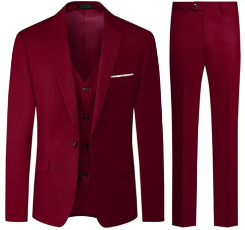 Allthemen Costume Homme Mariage 3 Pièces Slim Fit Smoking Costumes Un Bouton Couleur Pure Formel Veste Homme Gilet et Pantalon Homme Vin Rouge XXL