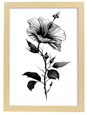 Nacnic Ortensia Illustrazione di poster botanico piante di fiori bianco e nero Linea minimalista nordica Stampe per camera dei bambini interior design Modello 1 A3 con cornici in legno chiaro