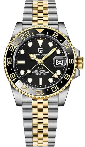 CADISEN Pagani Design 1662 GMT Men's Automatic Mechanical Watch Top Grade Stainless Steel Sapphire Glass Diver Sports Men's Watch Automatic 40mm Date 100M Waterproof Mechanical Watch (Jubilee Gold)