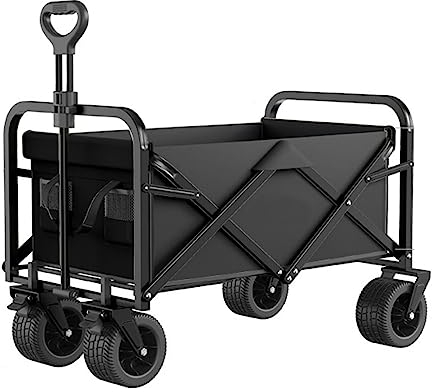 WRJAHCG Bollerwagen Faltbar,Schwarz Garten Handwagen Faltbar Breite Reifen Transportwagen Mit Tankräder Mit Doppelbremse Und Seitentasche Verstellbarem Griff,Kapazität 150L