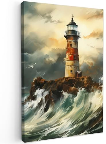 MuchoWow© Quadro Moderno Soggiorno 20x30 cm Decorazioni Da Parete Quadri Su Tela Da Salotto Grandi Foto Con Cornice Camera Da Letto CasaFaro - Acqua - Mare - Roccia - Pittura ad olio