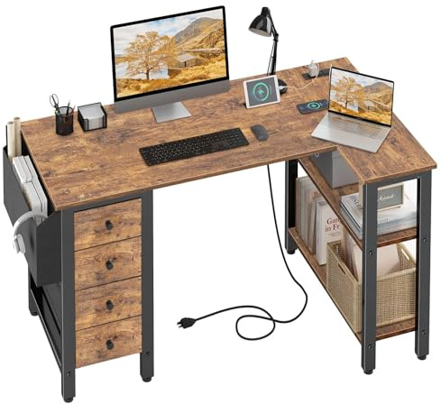 Lufeiya L Shaped Desk with Drawers & Storage Shelves, 47 Inch Small Reversible Corner Desk with Power Outlet for Home Office Bedroom, L-Shaped Gaming PC Computer Desks with Fabric Drawer, Rustic Brown