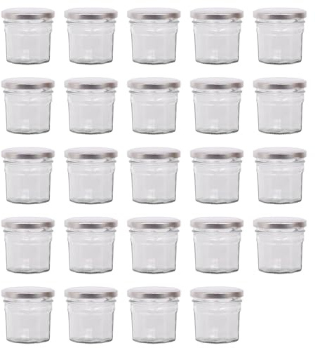 Argon Tableware 24x 110ml Pots de Confiture en Verre avec Couvercles Argentés - Vide Couvercle à Pas de Vis Cuisine Nourriture Miel Pimenter Conservation Mise en Conserve Stockage Ensemble