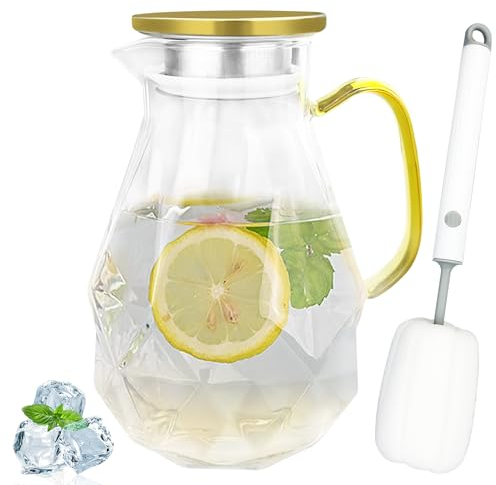 Gentpovth Jarra de Vidrio de 2,2 Litros con Tapa de Acero Inoxidable, botella cristal boca ancha, con cepillo suave de limpieza, para bebidas frías y calientes, fría Caliente té, jugo casero