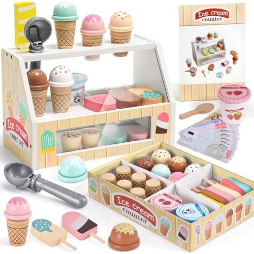 Atoylink Jouets de Crème Glacée en Bois pour Enfant, Marchande Enfants Dinette en Bois avec Jouets Aliments Argent pour Jouer Cornets de Glace Accessoire Cuisine Cadeaux pour Fille 3 4 5 6 Ans