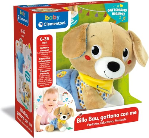 Clementoni Baby Billo Bau Gattona con Me, Cagnolino Peluche per Imparare a Gattonare, Gioco Prima Infanzia Bambini 6-36 Mesi, Insegna Numeri, Parole, Versi degli Animali, Lingua Italiana, 17986