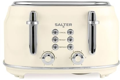 Salter Grille-Pain Rétro 4 Tranches - Fentes Larges, 6 Niveaux de Brunissage, Fonctions Décongélation, Réchauffage et Annulation, Ramasse-Miettes Amovible, Auto-centrage, 1630W, Crème