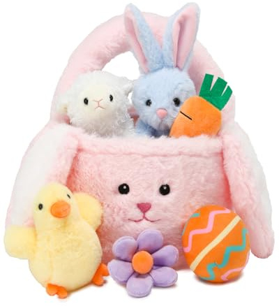 Vposyako 7 Piece Easter Basket Eggs Playset Stuffed Rabbit Chick Lamb Toy Set for Kids Girls Boys Ages 3+ Easter Bunny Basket Plush Sensory Toys Soft Plush Toy for Easter Party Favors