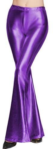 SRZYMJ Damen Metallic Leggings Glänzende Hose mit Hoher Taille Shiny Leggings Karneval Glänzende Metallischer Hosen Damen 80er Metallic Leggings Silber Leggings Glitzer Disco Outfit Purple,S