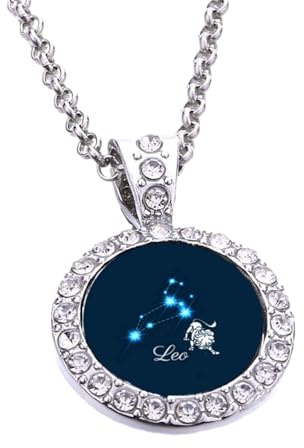 PJ4U Leo Lion Star Sign Constellation Zodiac Symbol Silver Colour Round Necklace With Diamante Pendant And Gift Box