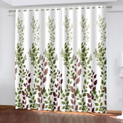 Lirzxin Vorhänge Blickdicht 214 cm Lang, Gardinen Lichtdicht mit Ösen 2er Set Grün Braun Einfache Zweige mit Blätter Muster Vorhang für Kinderzimmer Wohnzimmer Schlafzimmer, 102x214 cm(BxH)