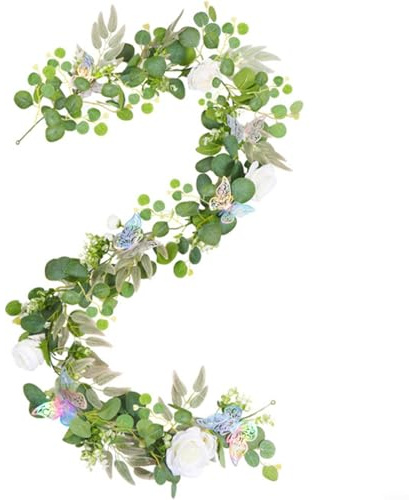 SMZhomeone Guirnalda de hiedra artificial simulación de vid, peonía artificial, rosa con mariposas, guirnalda de seda de 5.9 pies para decoración de boda, centro de mesa de fondo (blanco)