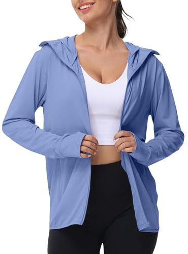 Felpa con cappuccio da donna con protezione solare UPF 50+, con copertura per il viso, a maniche lunghe, cerniera intera, leggera, traspirante, ad asciugatura rapida, per escursionismo, attività