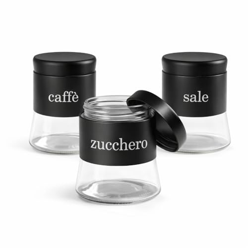 MECSAL CASALINGHI Set 3 Barattoli in Vetro 750 ml per Sale, Zucchero e Caffè – Contenitori con Coperchio – Eleganti, Resistenti, Ideali per la Cucina, Vari Colori (NERO)