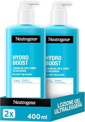 Neutrogena Hydro Boost Lozione Gel Ultraleggera, Crema corpo gel nutriente 72h per tutti i tipi di pelle, Crema idratante corpo con Acido Ialuronico e Glicerina, Set da 2 x 400 ml – Esclusiva Amazon