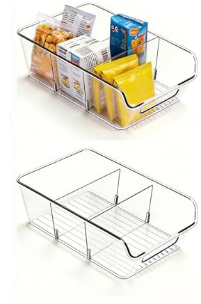 AIYULONG 2 Pack Fridge Organisers,Food Storage Containers with Dividers & handles for Pantry,Kitchen Storage & Organisation, Clear Cupboard Drawer Organiser for Snack, Spice Packet