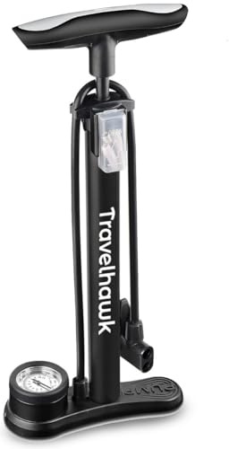 TravelHawk Fahrradpumpe für alle Ventile Schwarz - Luftpumpe mit 160PSI Manometer, Edelstahl Standpumpe Fahrrad Dunlop, Presta und Schrader Ventil, Standluftpumpe Fahrrad, Luftpumpe, Fahrrad Zubehör