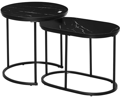 HOMCOM Tavolino Salotto Sovrapponibili Piano Effetto Marmo Nero | Tavolino da Salotto Moderno, Piedini Regolabili, MDF e Acciaio, per Soggiorno, Camera da Letto