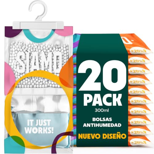Bolsas Antihumedad Armarios - SIAMO - Deshumidificador colgante, absorbe humedad, moho y olores en armarios, casa, trastero, coche y ropa - Percha absorbente, 120 g, 24x14 cm (Pack 20)