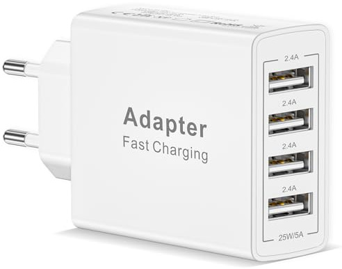 25W Caricatore USB Multiplo, 4 Porto Spina USB Alimentatore Adattatore Presa Spinotto USb Caricabatterie Cellulare per iPhone 17/16/15/14/13/12/11/SE/XS/XR/8/7/6/5, iPad, Samsung S25/S24,Xiaomi,Huawei
