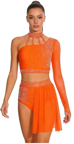 Nyeemya Lyrisk dansdräkt för kvinnor crop topp och kjol tvådelade lyriska danskläder karneval, Orange, M