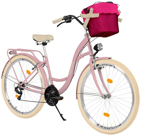 MILORD Damenfahrrad Citybike Komfort Mit Metallkorb Hollandrad Vintage Fahrrad, 26, 28 Zoll, 21-Gang (Rosa-Creme, 28 Zoll)