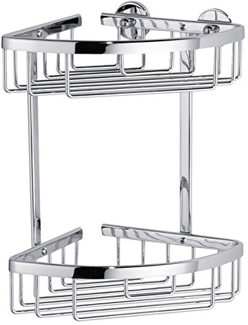 tesa ALUXX Duschablage für die Ecke, zweistöckig, Aluminium, verchromt, rostfrei, inkl. Klebelösung, 163 mm x 163 mm x 262 mm