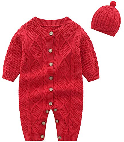 amropi Bebé Recién Nacido Niña Mono de Punto con Gorra Ropa de una Pieza Suéter Peleles Rojo,3-6 Meses