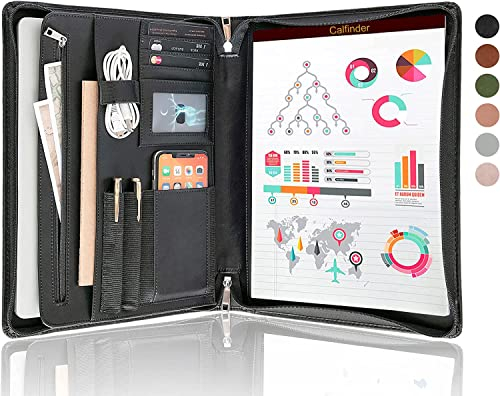 FREI NAME Gravur | Konferenzmappe Veganes Leder, Aktenmappe A4 mit Reißverschluss, Business Portfolio Mappe a4 Kunstleder, Schreibmappe Büro Organizer Mappe mit A4 Block, Customized | Schwarz
