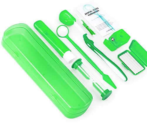 Annhua 8 Pcs Orthodontic Care Kit for Braces, Portable Braces Kit Cleaning Tools Tooth Pick Hygiene Set with Interdental Brush, Ortho Wax, Floss, Oral Mirror Included - Green