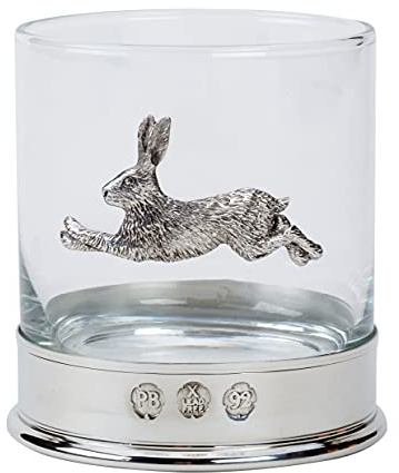 Verre à whisky en étain sans plomb avec emblème lièvre qui coule dans une boîte de présentation de 1, 2 ou 4 verres (1)