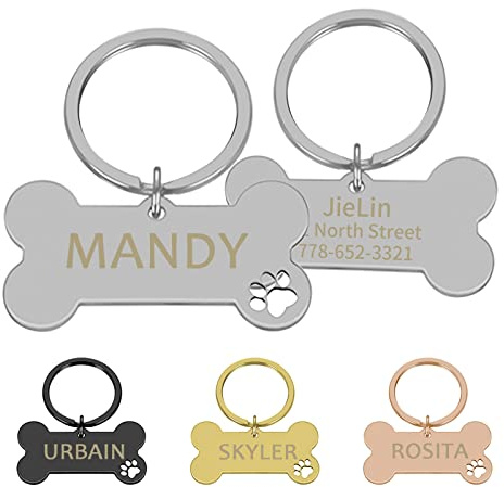 CAMAL Placas para Perros Grabadas Acero Inoxidable, Placas Identificativas Perros Personalizables para Collar Perro Gato Mascota, Chapa Perro Grabada, Forma de Hueso (Plata, Grande)
