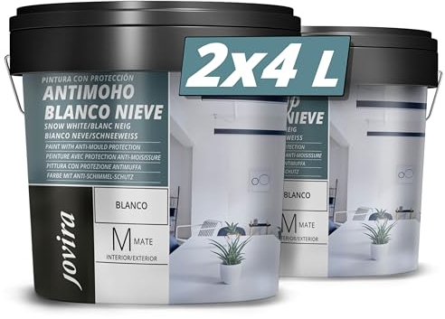 JOVIRA PINTURAS Pintura con Protector Antimoho, Blanco Nieve. Pintura mate de buena cubrición y blancura (2x4 Litros) A-9