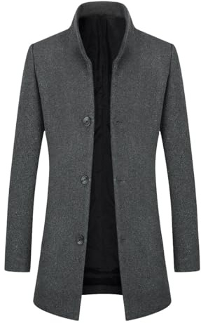 YOUTHUP Men's Wool Coat Mid-Length Winter Trench Coat Casual Business Peacoat, Grey-Thin, M