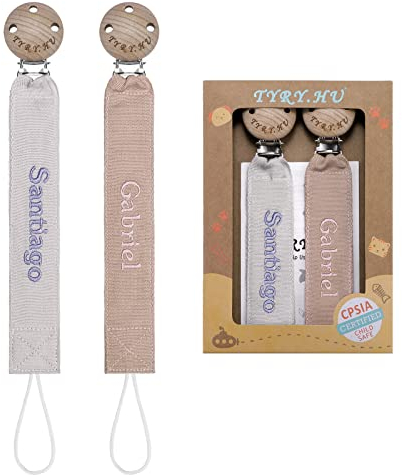 TYRY.HU Schnullerkette mit Namen Jungen Mädchen Personalisierte Schnullerband Holz Clip Baumwolle Schnuller Clips für Neugeboren, 2 Stücke