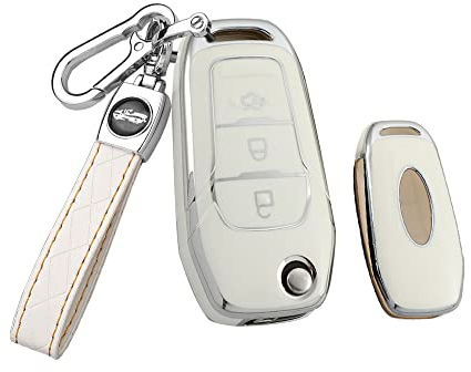 HIBEYO Klappschlüssel hülle Autoschlüssel hülle passt für Ford Schutzhülle Silikon Cover für Ford Focus MK2 Mondeo Galaxy Fiesta Schlüsselbox Schlüsselanhänger 3-Tasten-lederSchlüsselring Weiß