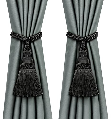 Fenghuangwu 2 Pack Curtain Tie Backs Rope Tassels for Curtains Drape tiebacks Handmade Outdoor Home and Outdoor Decorative (Black, 2p)