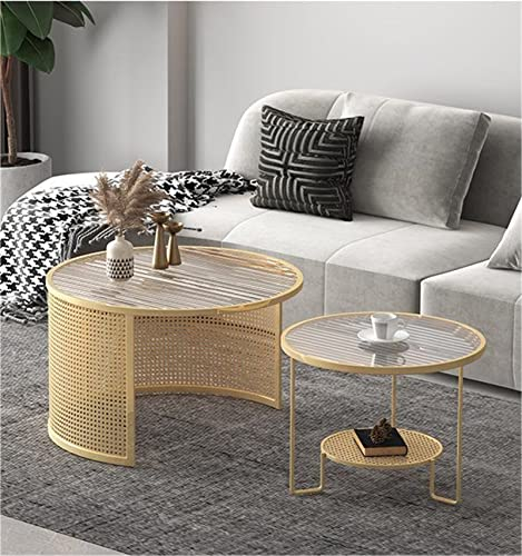 CHEMYO Rattan-Couchtisch, Couchtisch mit Tablettplatte, Korb-Couchtisch, handgewebte Rattanplatte, Haarnadelbein, Tabletttisch, Mitteltisch für Wohnzimmer, runder Couchtisch,Gold,A