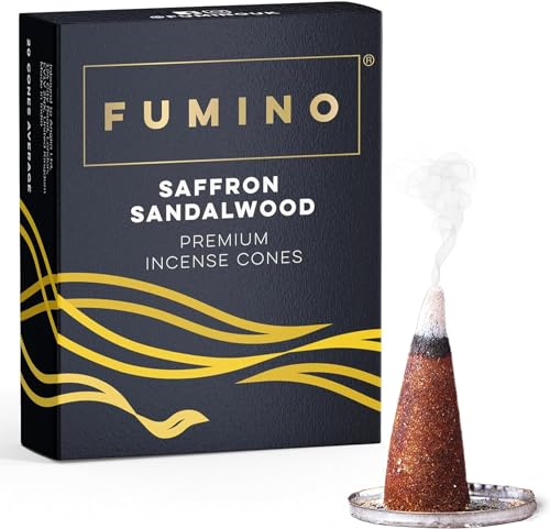 Fumino® Sándalo Azafrán Conos de Incienso Fresco 15 por Caja Fragancia de Humo Masala Agarbatti para la Relajación, Meditación, Antiestrés - Decoración de Hogar