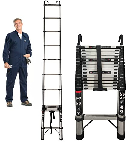 5M/16.4FT Telescopic Loft Ladder Portable Lightweight Step Ladders 13 Step, Extendable Ladders Telescopic with Locking Mechanism & 2 Hooks, EN131 Standard, Max Load 330LBS